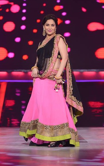 Madhuri Dixit pink and black lehenga saree