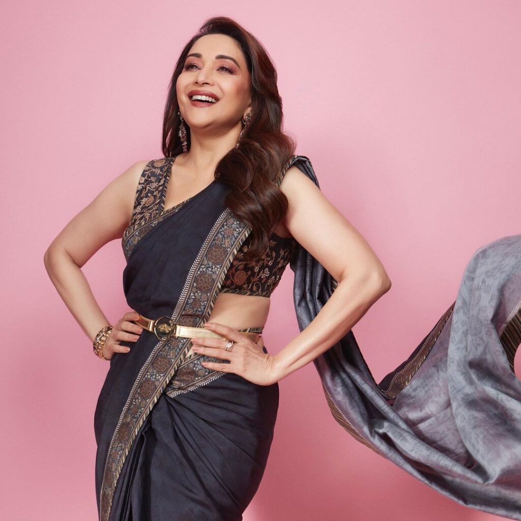 Bollywood's Eternal Diva Madhuri Dixit Dazzles in a Charcoal Grey Saree