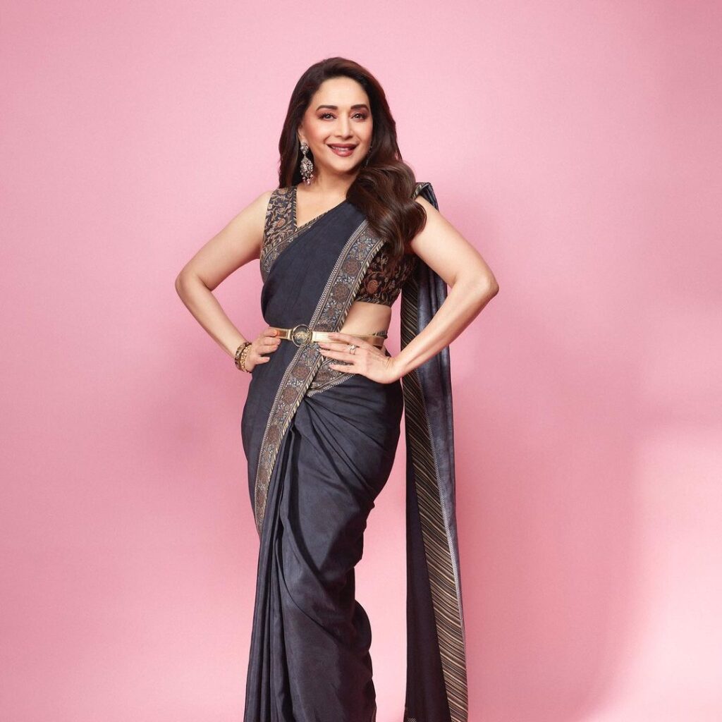 Mesmerizing Madhuri Dixit Stuns in Charcoal Grey Saree at Global Excellence Awards